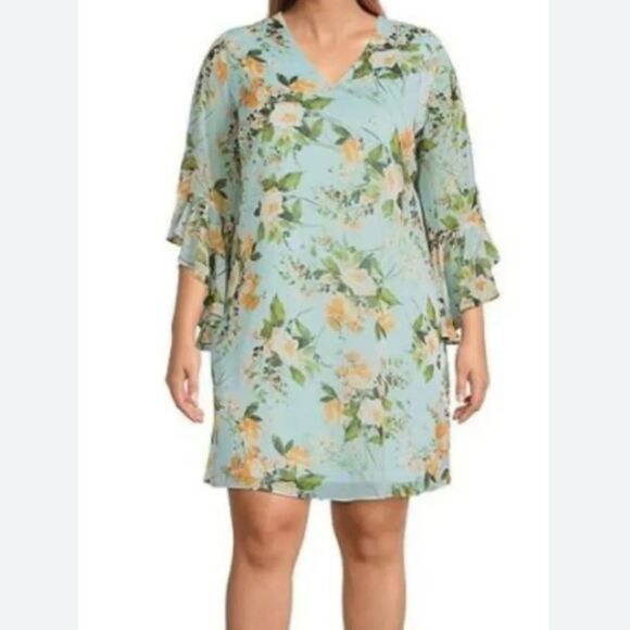 Calvin Klein Women's Mint Floral Ruffled Bell-Sleeve Chiffon Shift Dress Work - Picture 2 of 10